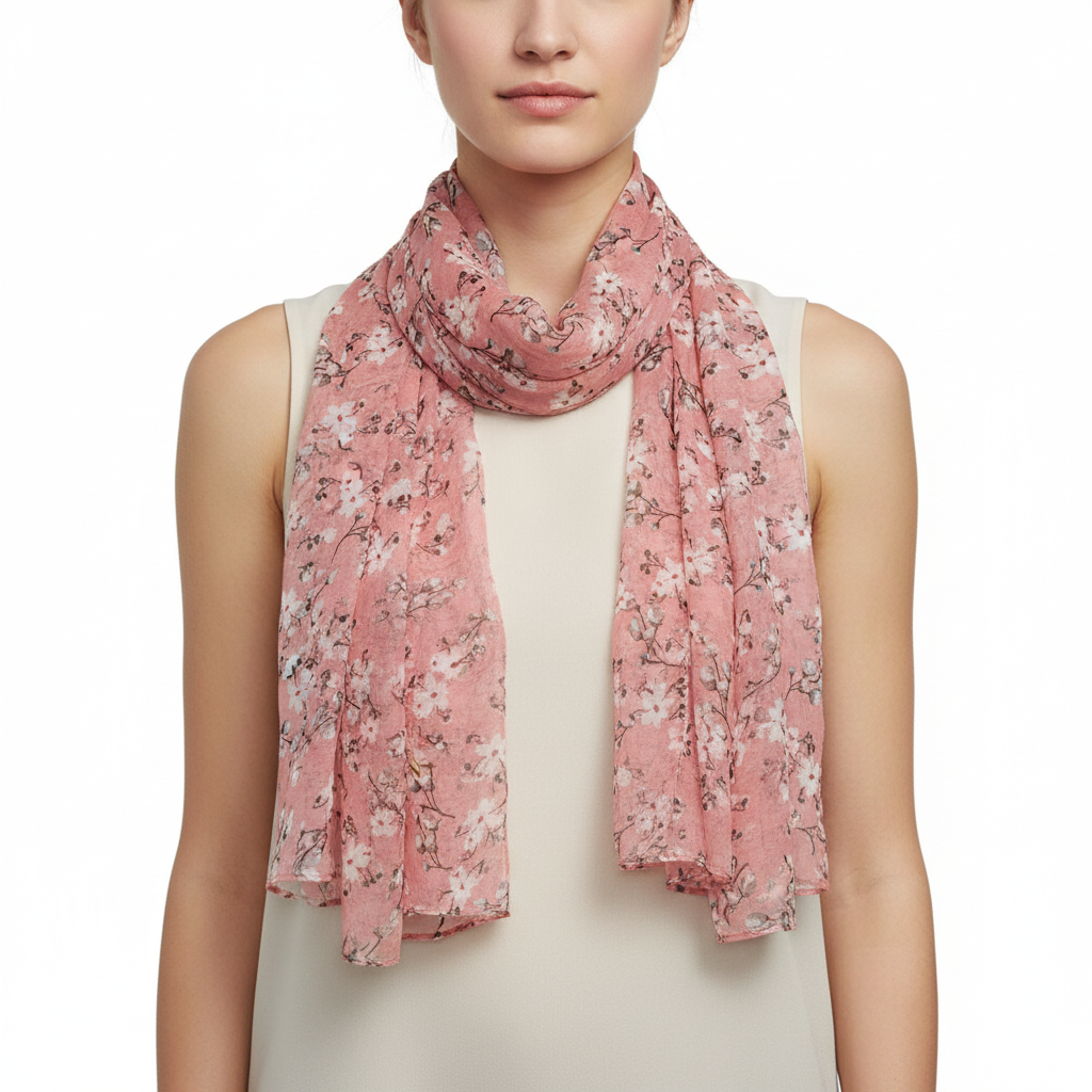 Pink floral scarf on a white background