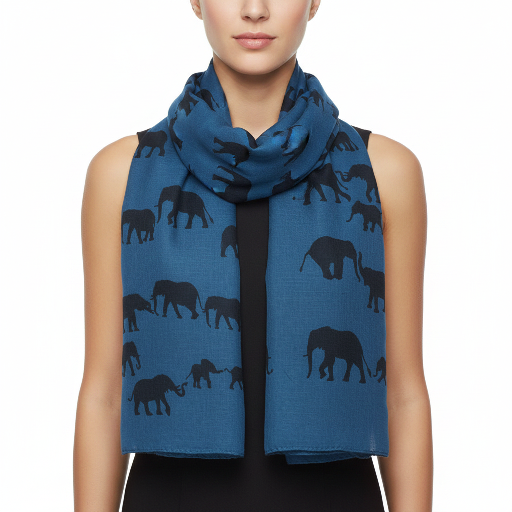 Blue scarf with black elephant pattern on a white background