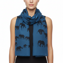 Blue scarf with black elephant pattern on a white background