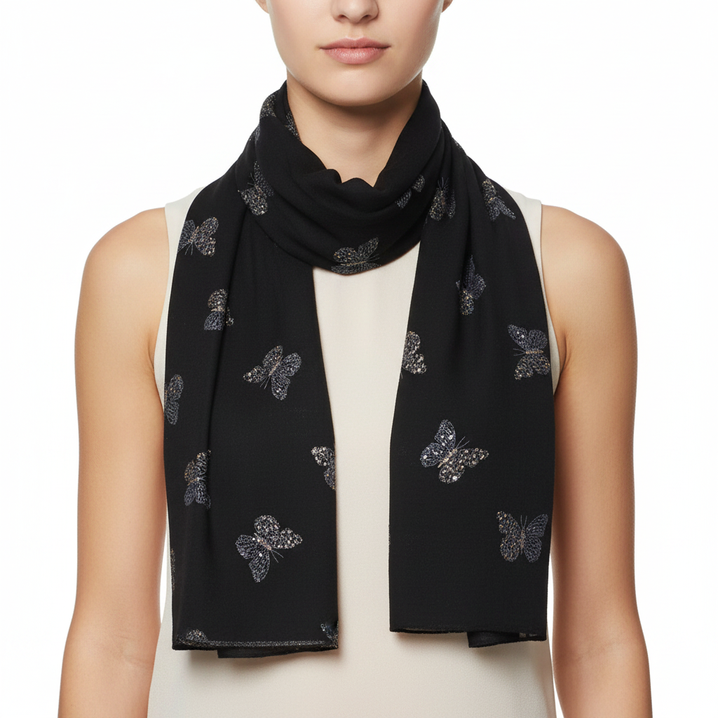 Black scarf with silver butterfly patterns on a white background