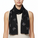 Black scarf with silver butterfly patterns on a white background