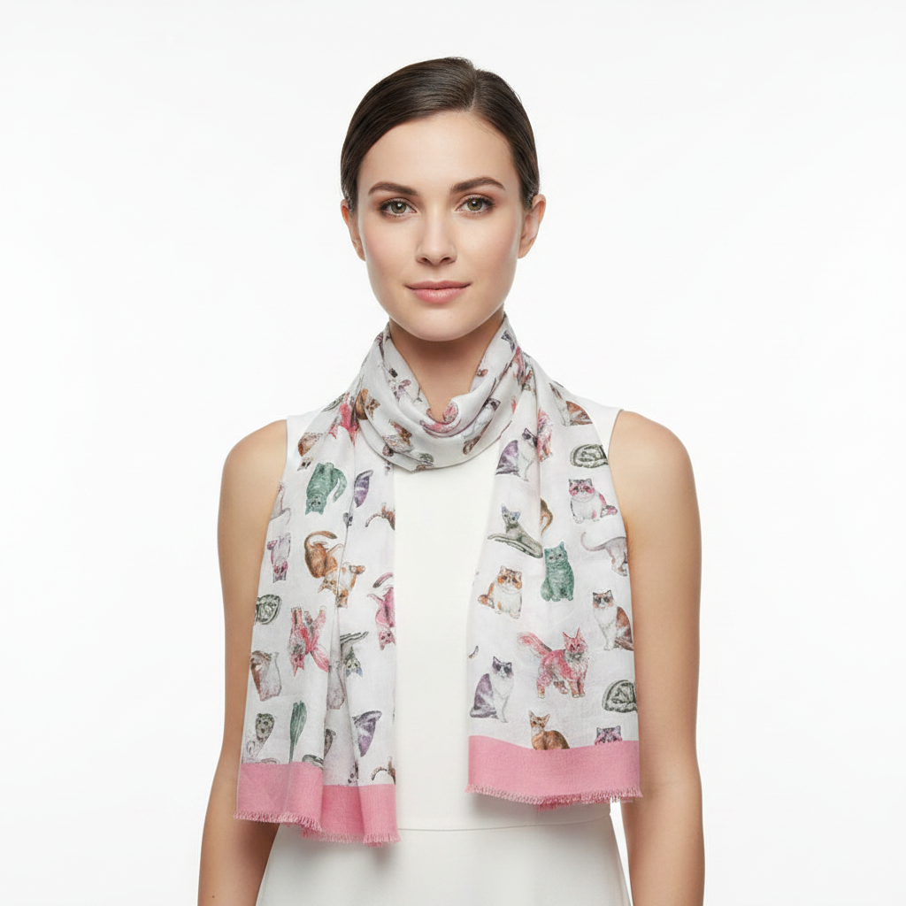 Blanket with cat pattern and pink border on a white background