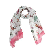 Scarf with cat pattern and pink edges on a white background