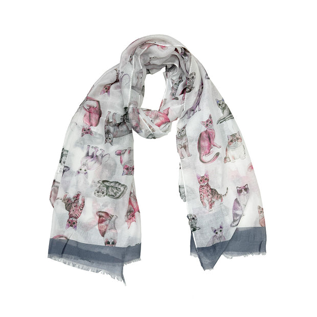 Multicolour Cat Printed Scarf with Border