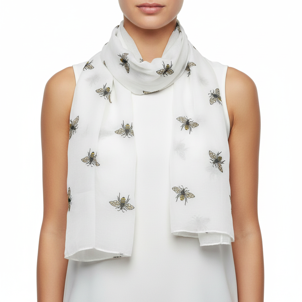 White scarf with bee patterns on a white background