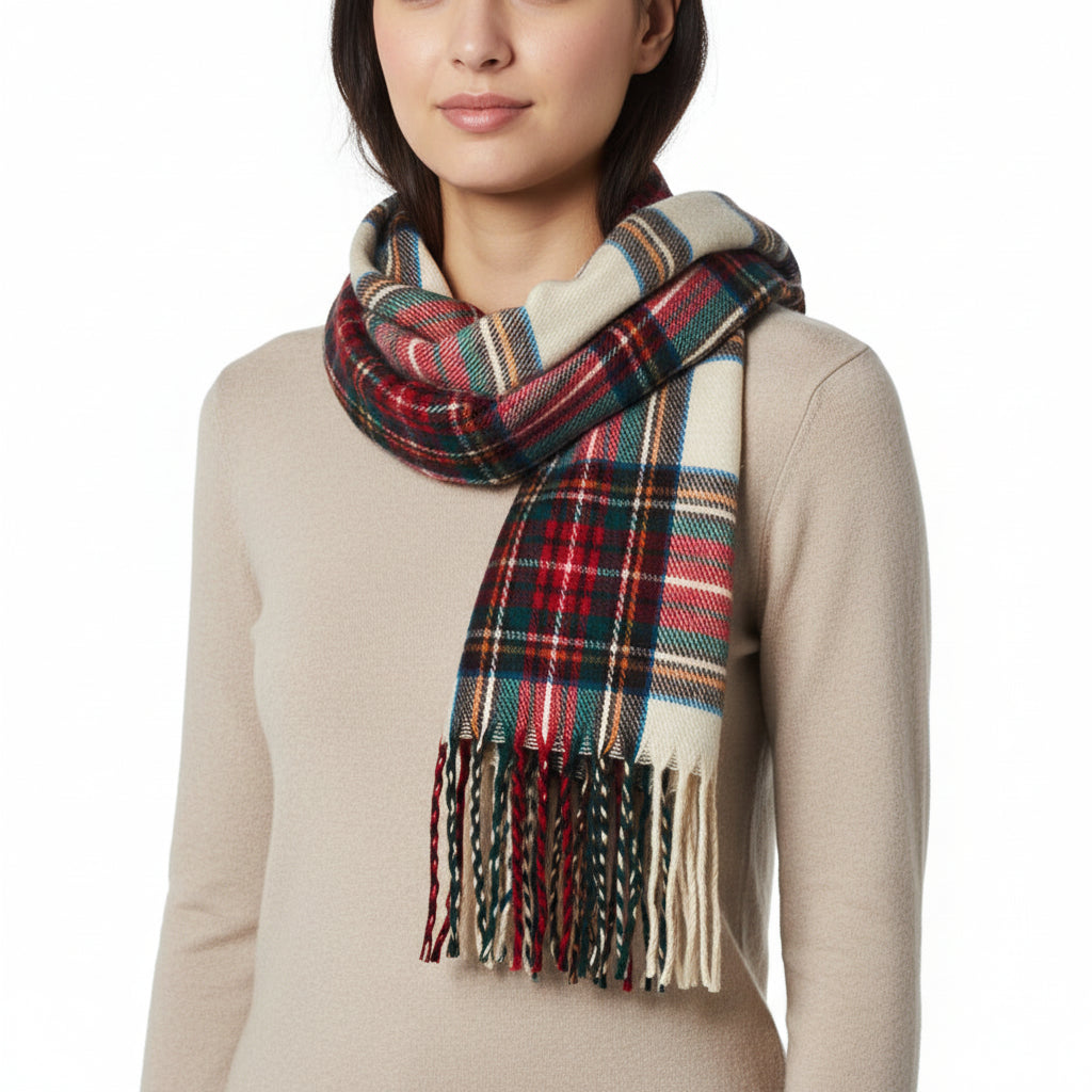 Plaid scarf with fringes on a white background