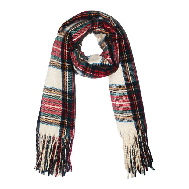 Wide Tartan Winter Checkered Scarf with Tassels