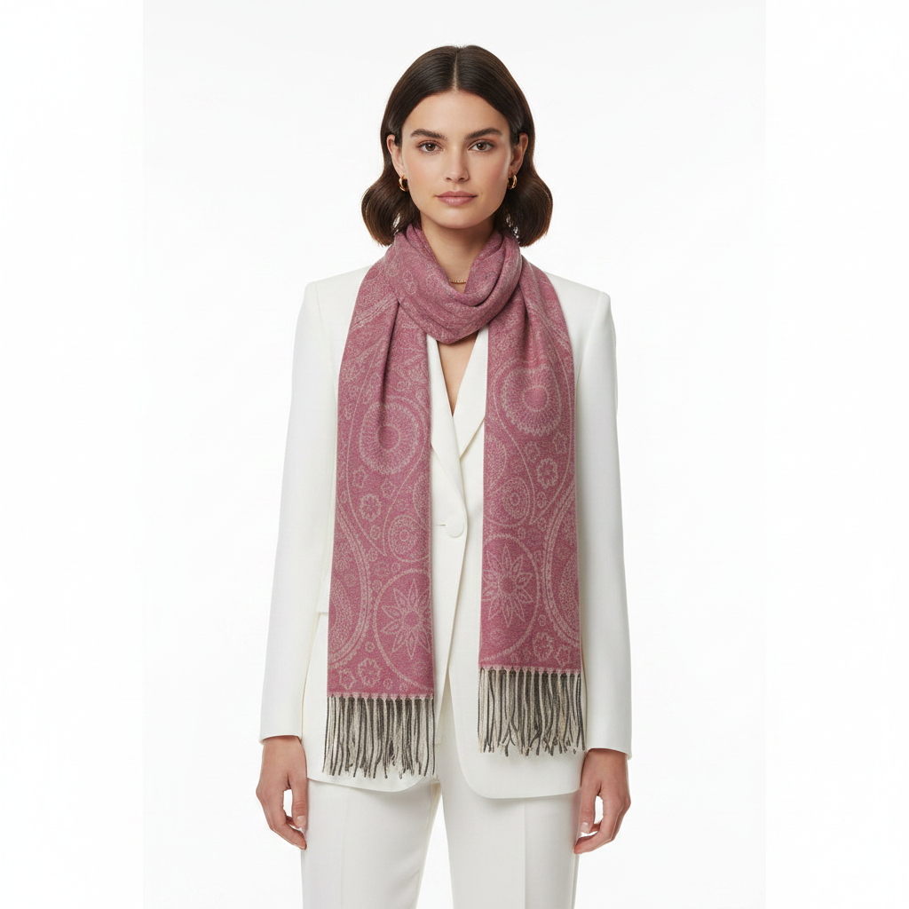 Pink paisley patterned scarf with fringes on a white background
