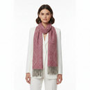 Pink paisley patterned scarf with fringes on a white background