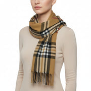 A checkered scarf in beige, black, and red colors with fringes, displayed on a plain background.