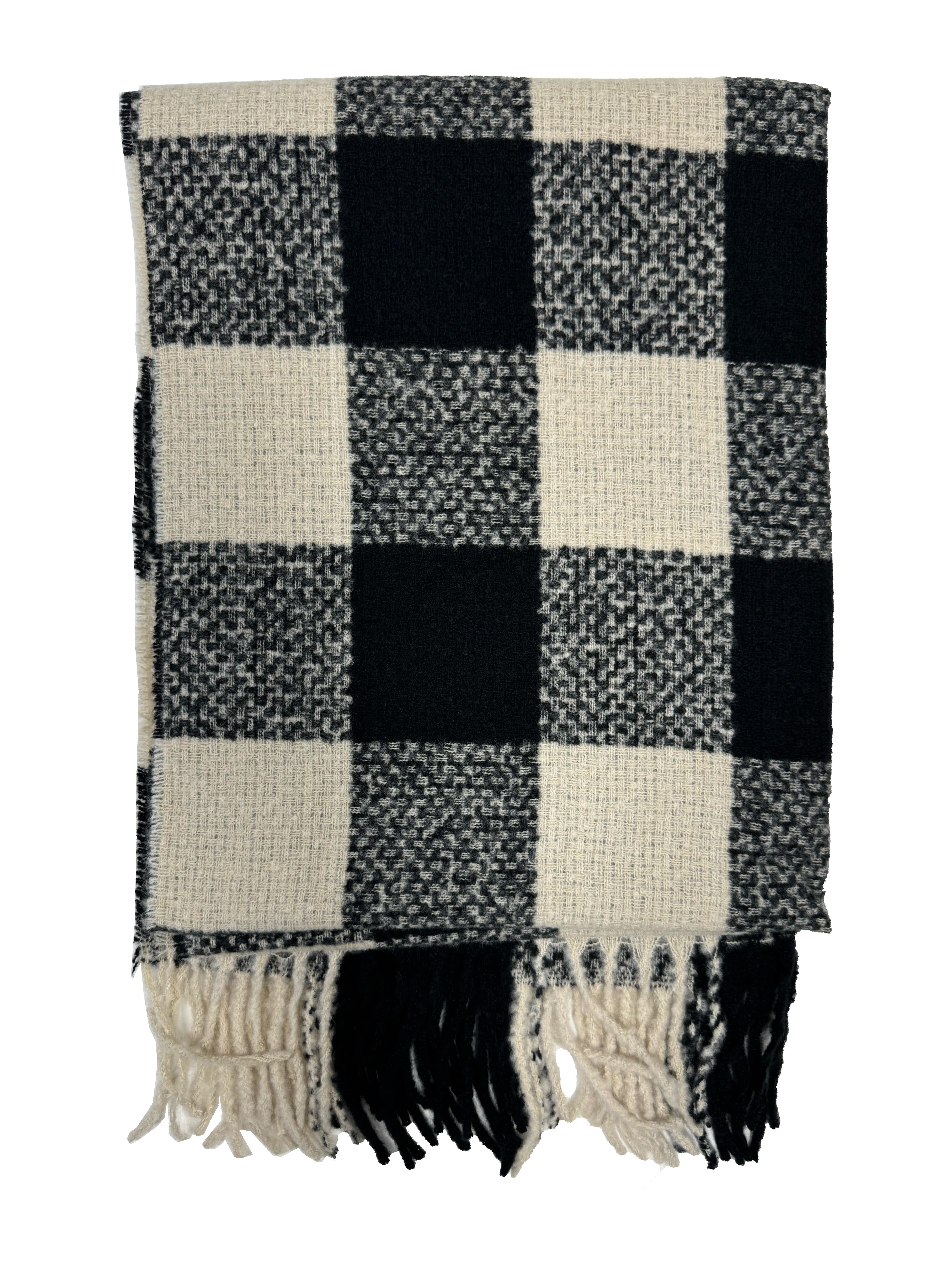 Fluffy Multicoloured Checkered Winter Scarf with Tassels