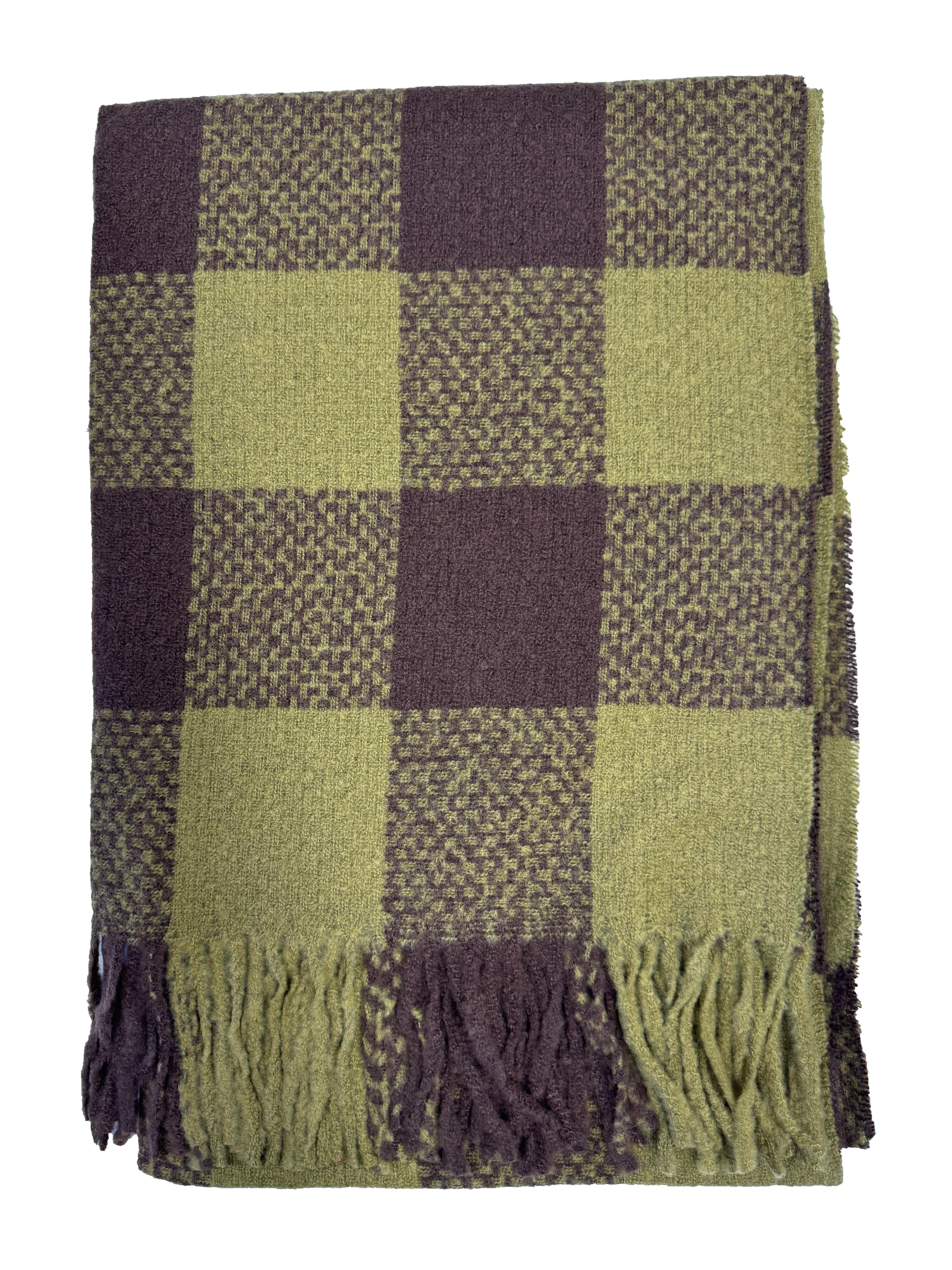 Fluffy Multicoloured Checkered Winter Scarf with Tassels