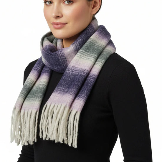 Fluffy Multicoloured Striped Winter Scarf with Tassels