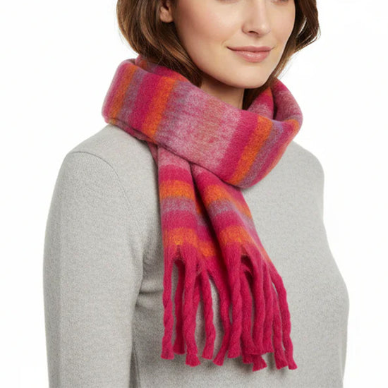 Fluffy Multicoloured Striped Winter Scarf with Tassels