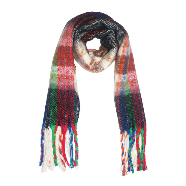 Fluffy Multicoloured Tartan Winter Checkered Scarf with Tassels