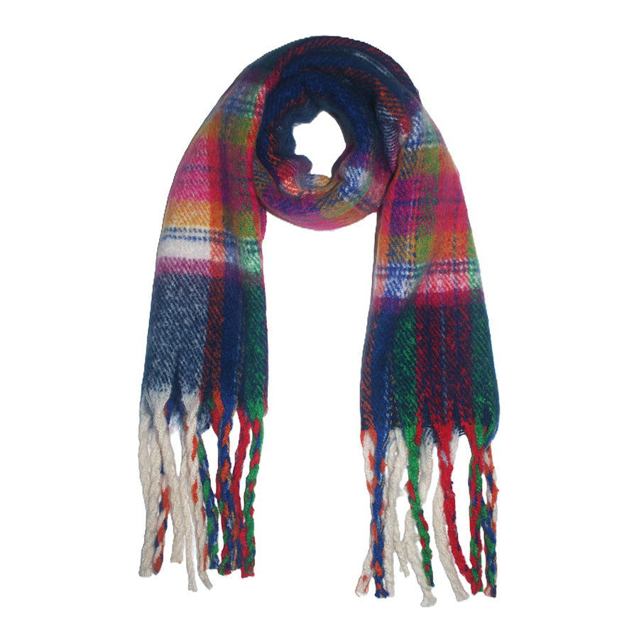 Fluffy Multicoloured Tartan Winter Checkered Scarf with Tassels