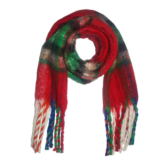 Fluffy Multicoloured Tartan Winter Checkered Scarf with Tassels