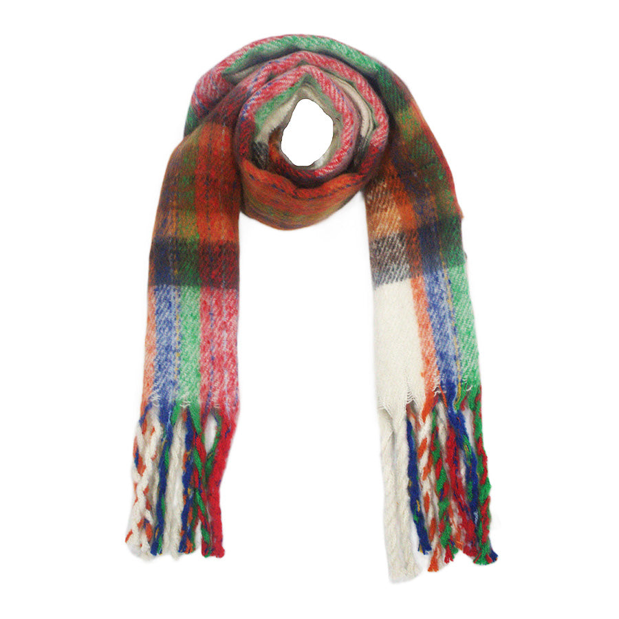 Fluffy Multicoloured Tartan Winter Checkered Scarf with Tassels
