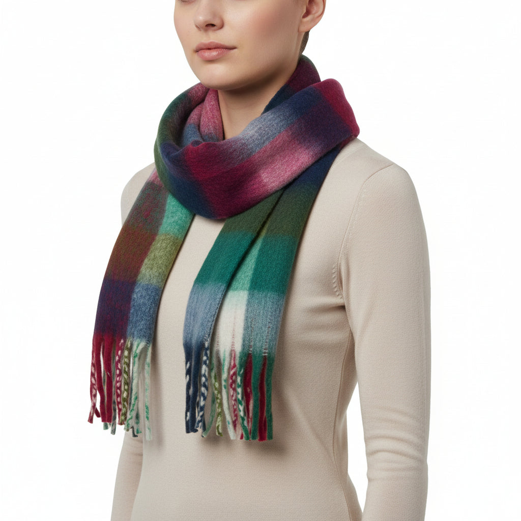 A multicolored checkered scarf with tassels displayed flat.