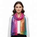 A multicolored paisley print pashmina scarf with tassels, displayed on a white background.