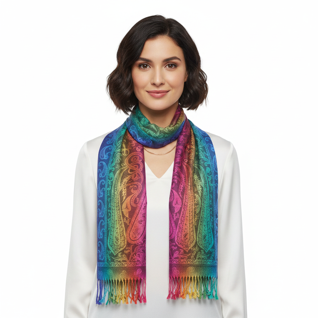 A multicolored paisley print pashmina scarf with tassels on the corners, draped and displayed on a white background.
