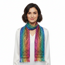 A multicolored paisley print pashmina scarf with tassels on the corners, draped and displayed on a white background.