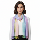 A pastel rainbow-colored butterfly print pashmina with tassels displayed flat.