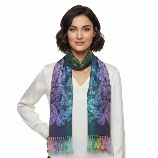 Rainbow Stripe Butterfly Print Pashmina with Tassels