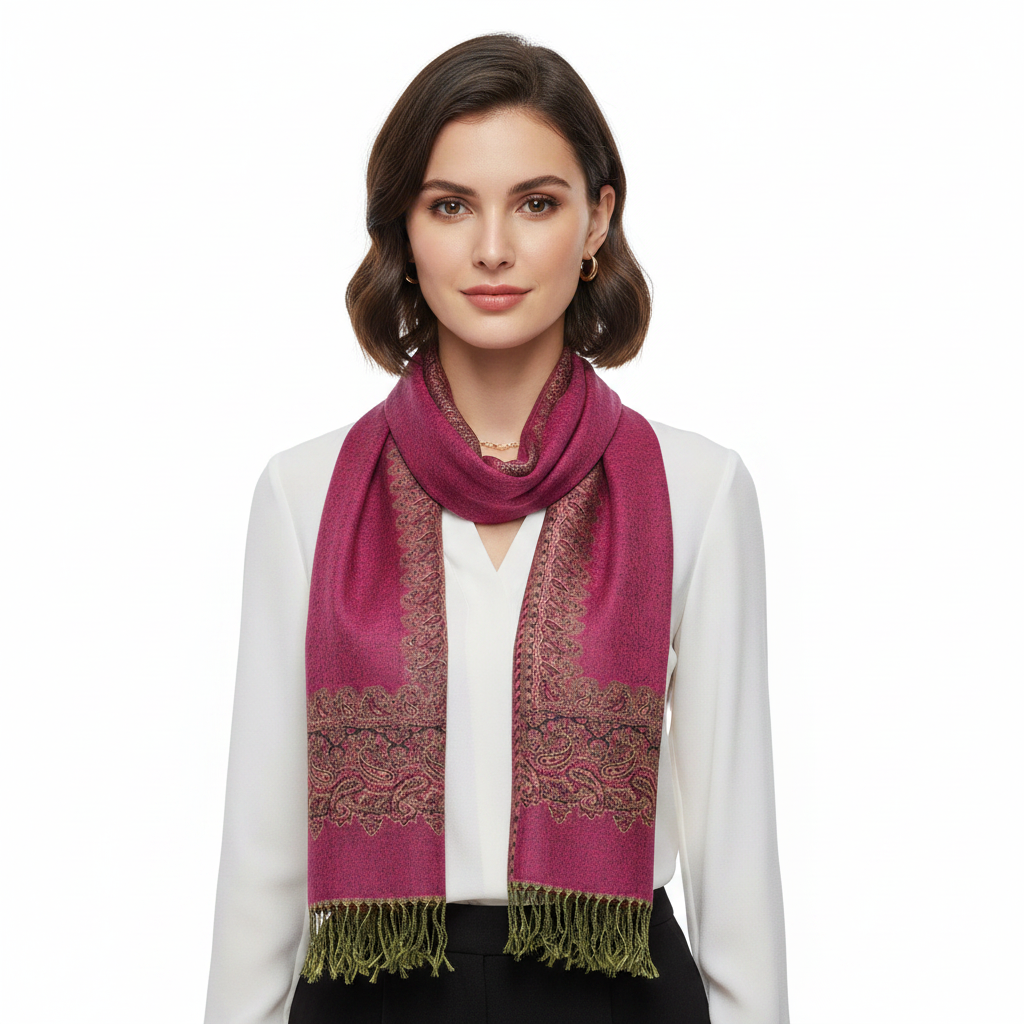 A fuchsia pink pashmina with paisley print border and fringes displayed on a flat surface.