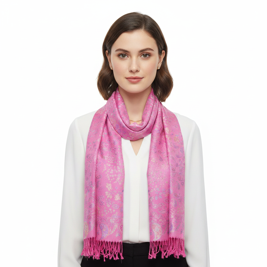 A pink pashmina scarf with a paisley print pattern and fringed edges.