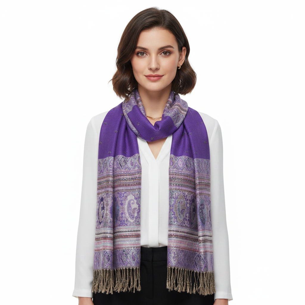 A purple pashmina with paisley print and tassels, displaying intricate border designs.