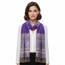 A purple pashmina with paisley print and tassels, displaying intricate border designs.