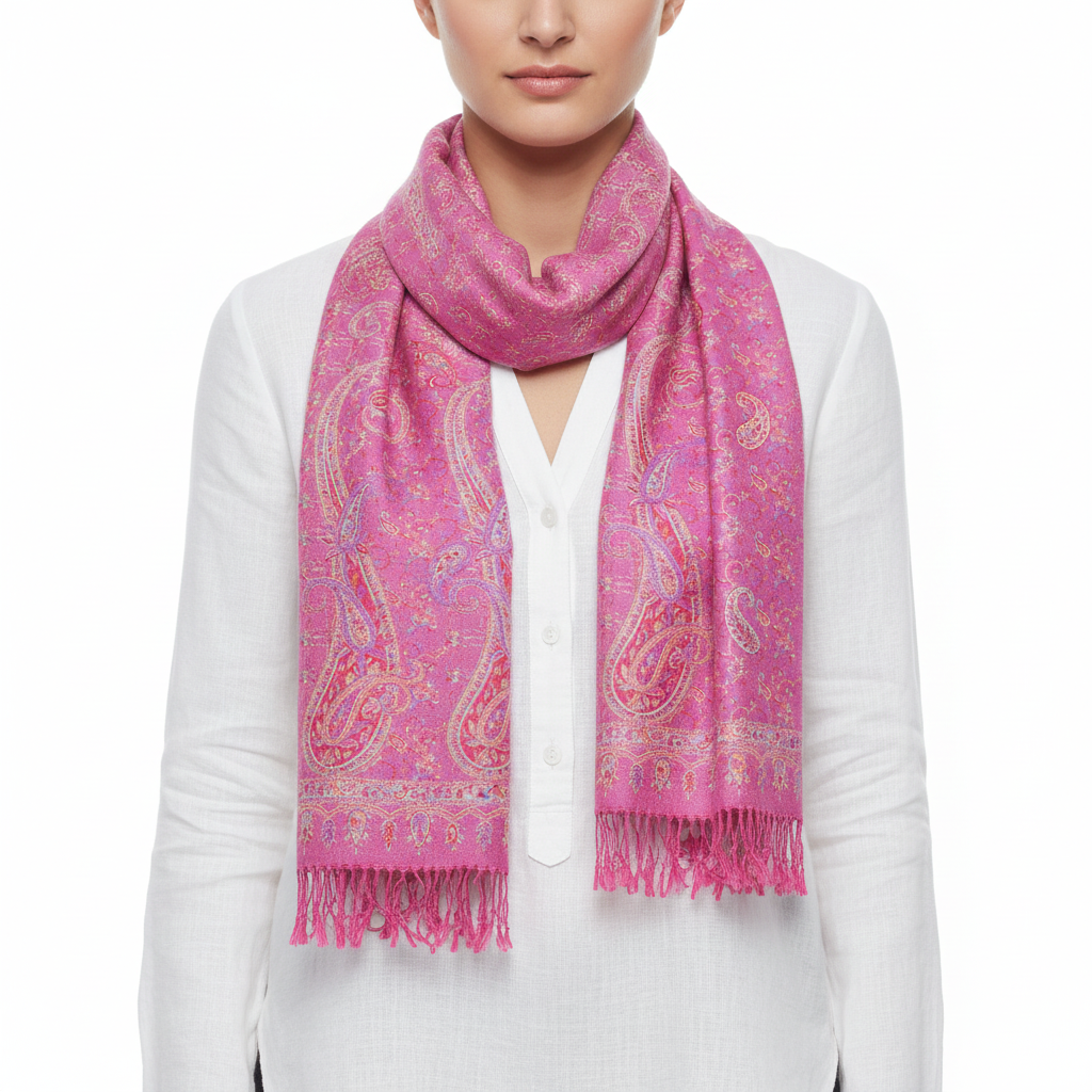A soft pink paisley print pashmina scarf with fringes displayed on a white background.