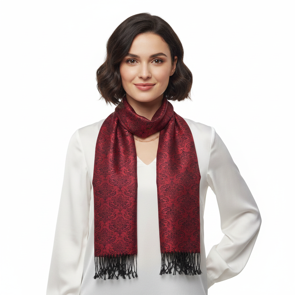 A woman with short dark hair wearing a white blouse and a dark red patterned scarf with black fringe, photographed against a plain white background.