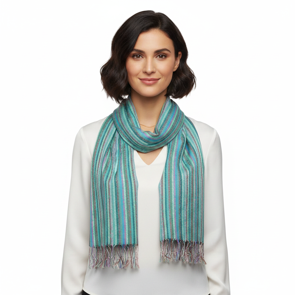 A multicolored striped pashmina scarf with tassels displayed flat.