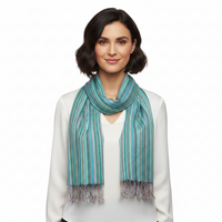 A multicolored striped pashmina scarf with tassels displayed flat.