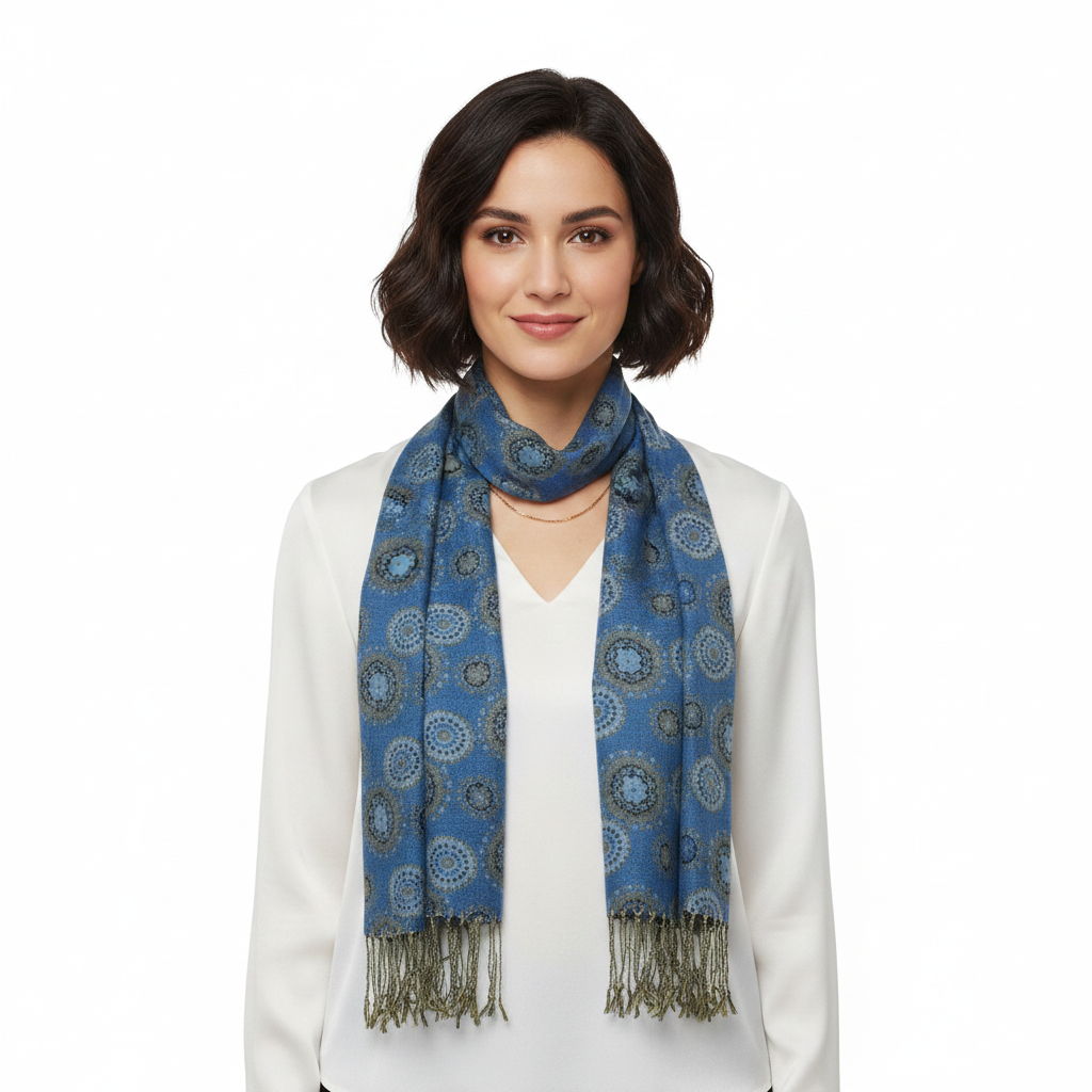 A woman with short dark hair wearing a blue patterned scarf with fringe, styled over a white top and blazer against a plain white background.