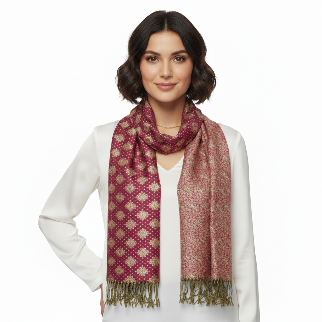 A woman with short dark hair models a patterned scarf draped around her neck. The scarf features a deep magenta-pink and beige geometric pattern on one side and a matching abstract floral pattern on the other, finished with olive green fringe.