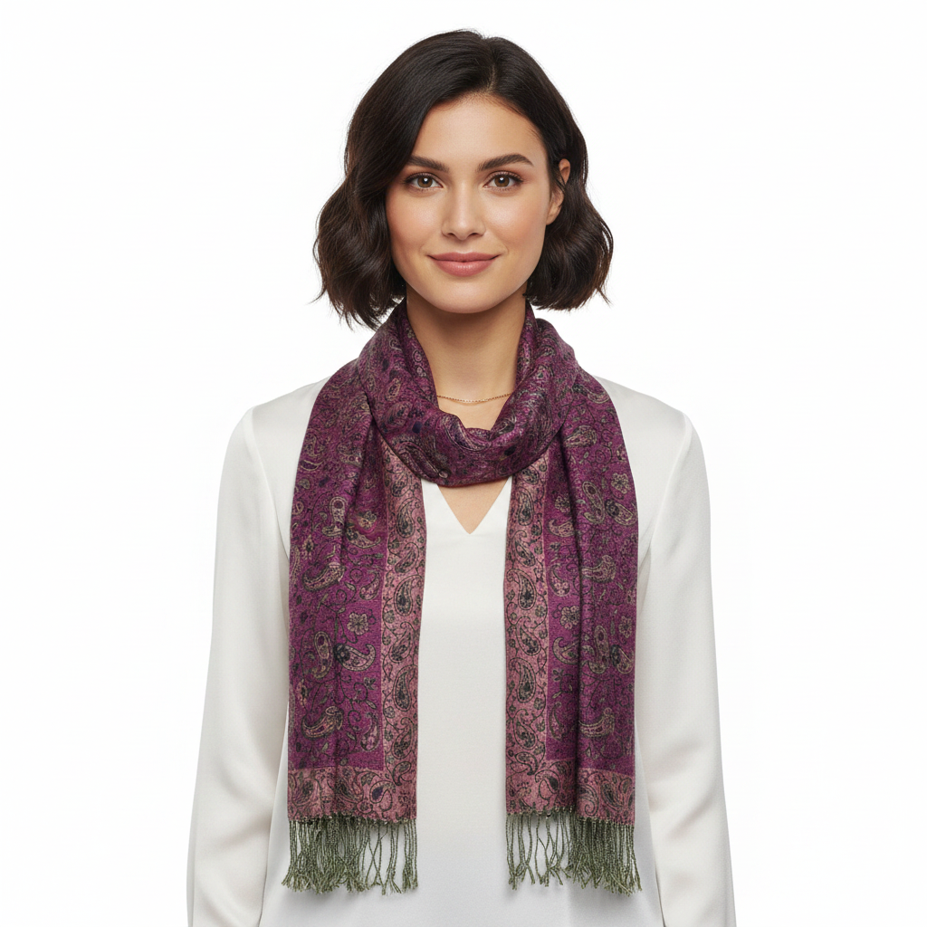 A woman with short dark hair wearing a white top and a purple patterned scarf with fringed ends, photographed against a plain white studio background.