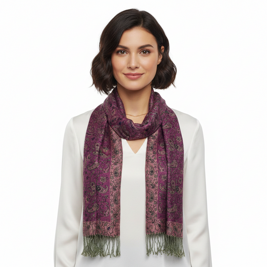 Reversible Burgundy Paisley Print Pashmina with Tassels