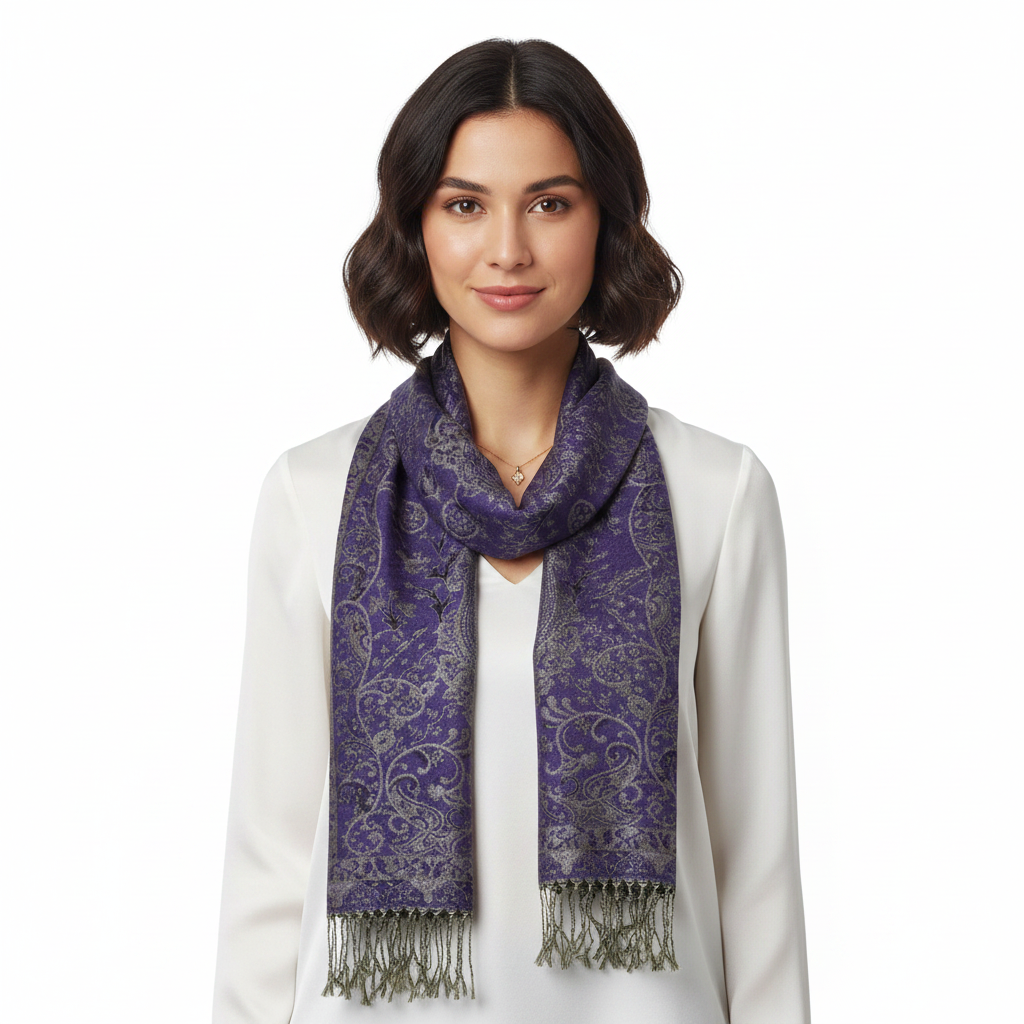 A purple paisley print pashmina scarf with tassels on a white background