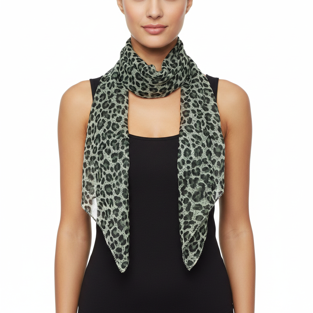 A woman wearing a lightweight leopard-print scarf in sage green and black over a black sleeveless top, photographed against a plain white studio background.