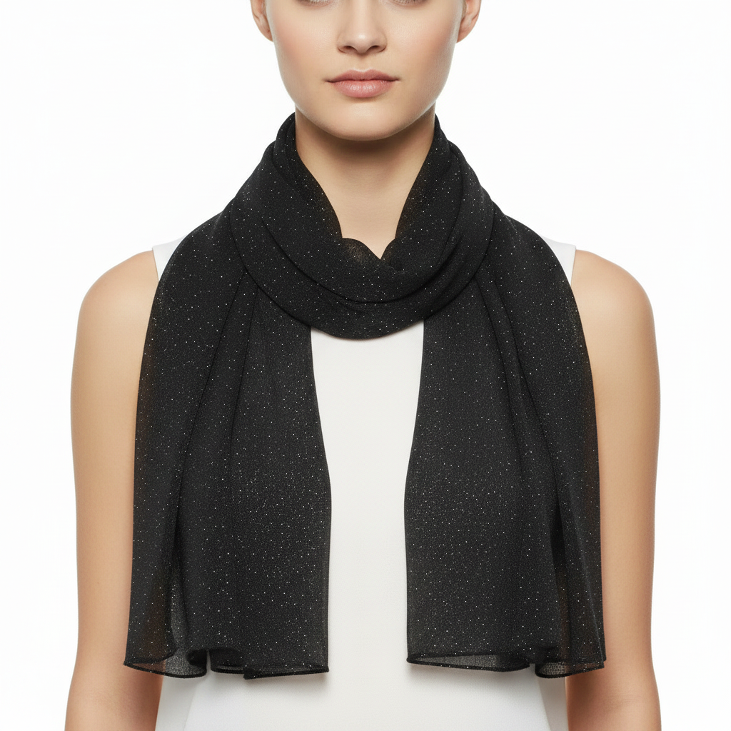 Woman wearing a black scarf with a white background