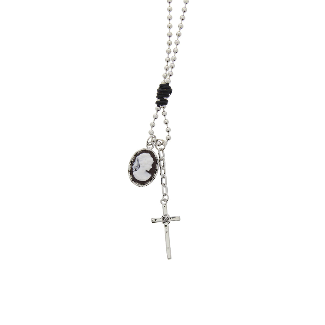 Cameo and Cross Pendant Metal Beaded Necklace