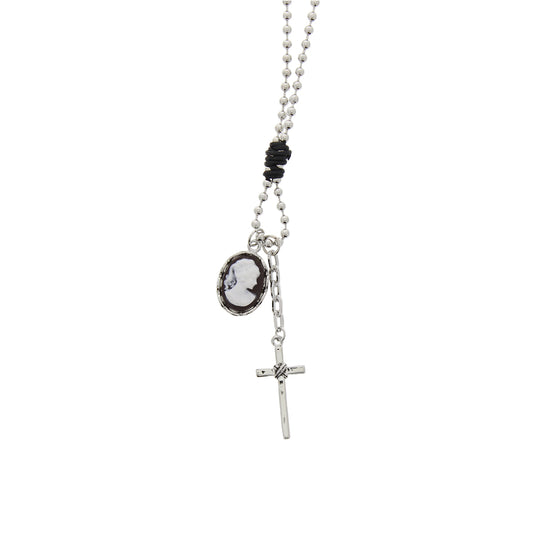 Cameo and Cross Pendant Metal Beaded Necklace