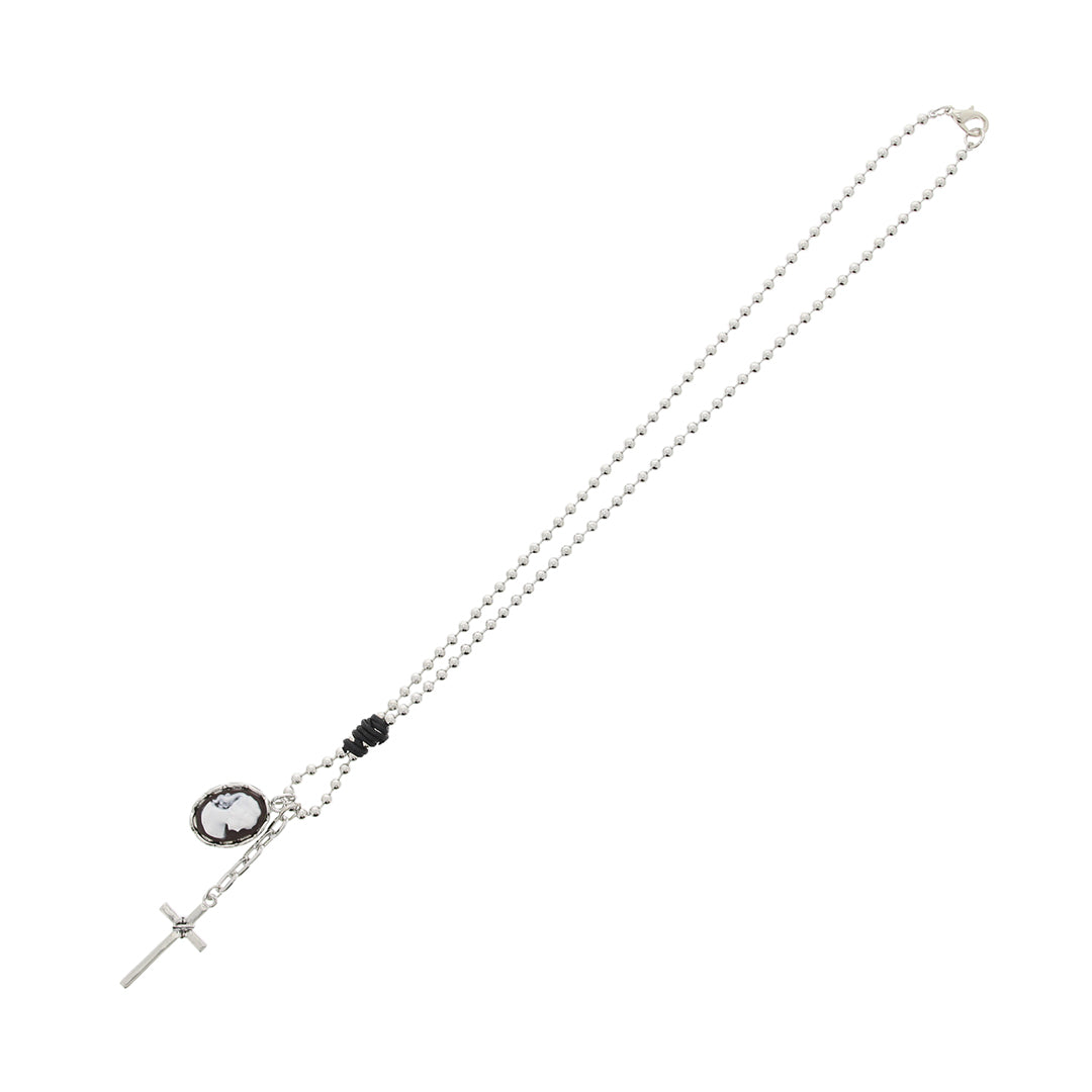 Cameo and Cross Pendant Metal Beaded Necklace