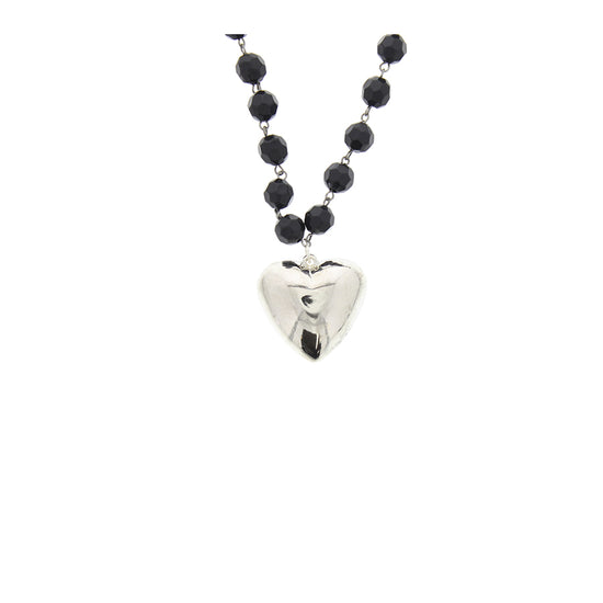 Silver Heart Pendant Beaded Rosary Necklace