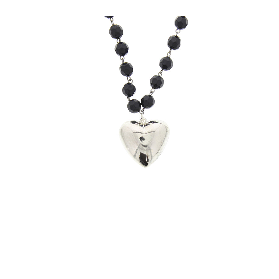 Silver Heart Pendant Beaded Rosary Necklace