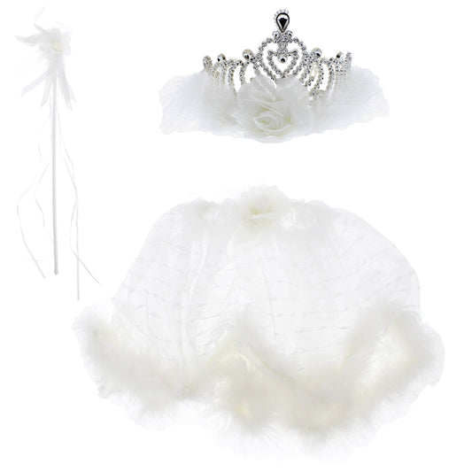 White Fur Tiara Crown, Tutu & Wand Set