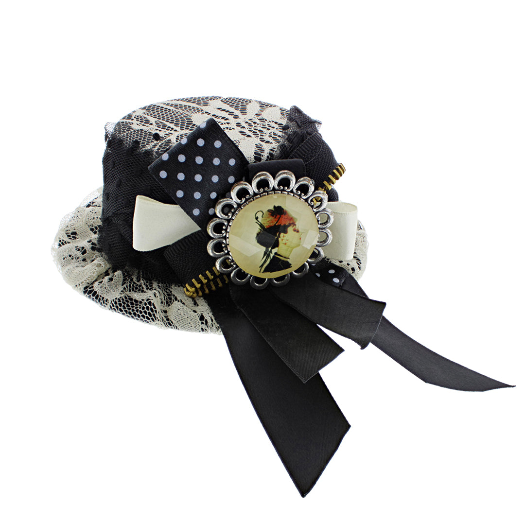 Lace Victorian Cameo Bow 2 Clips Mini Top Hat